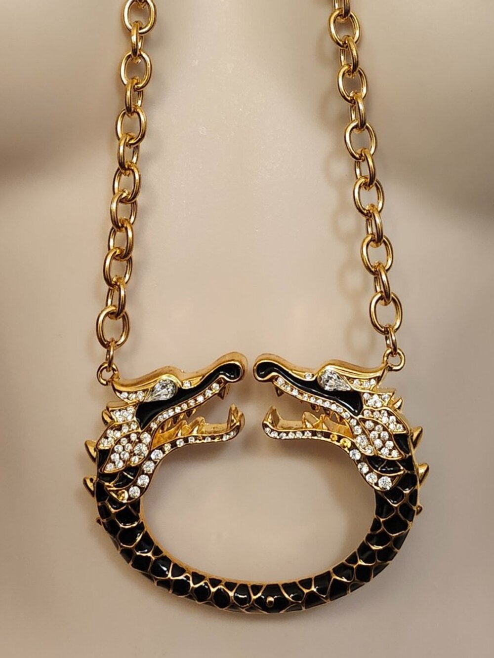 Natasha Double Headed Dragon Black Enamel and Inlaid Rhinestone Necklace 36" NWT